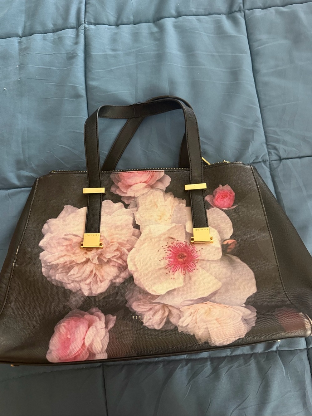 Ted Baker Black Tote with Pink Floral Print and Gold Hardware